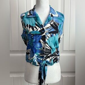 Caribbean Joe Blue & Teal Tie-Front Sleeveless Tropical Blouse
